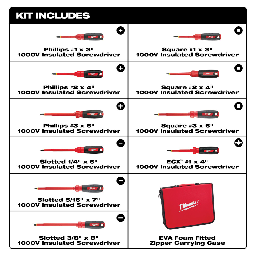 Milwaukee 10 Piece 1000V Insulated Screwdriver Set w/ EVA Foam Case from GME Supply